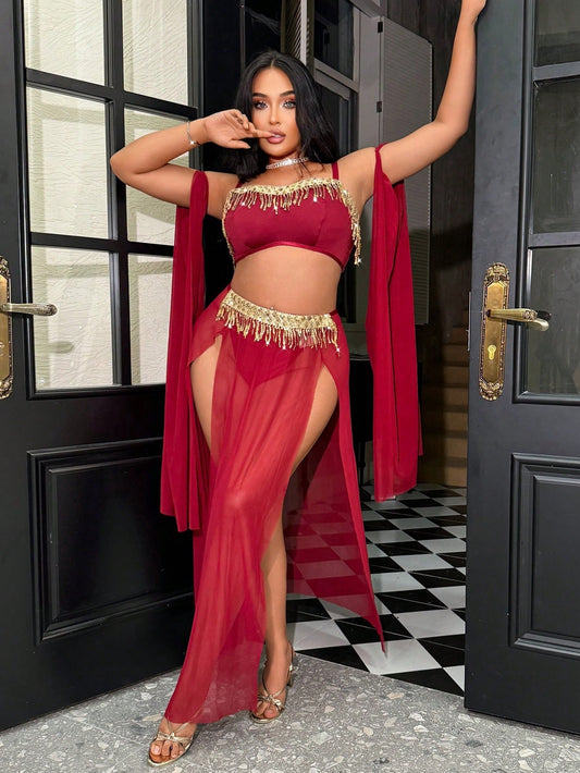 Fantasy Costume Plus Size 5pcs Mesh Tassel Lingerie Set