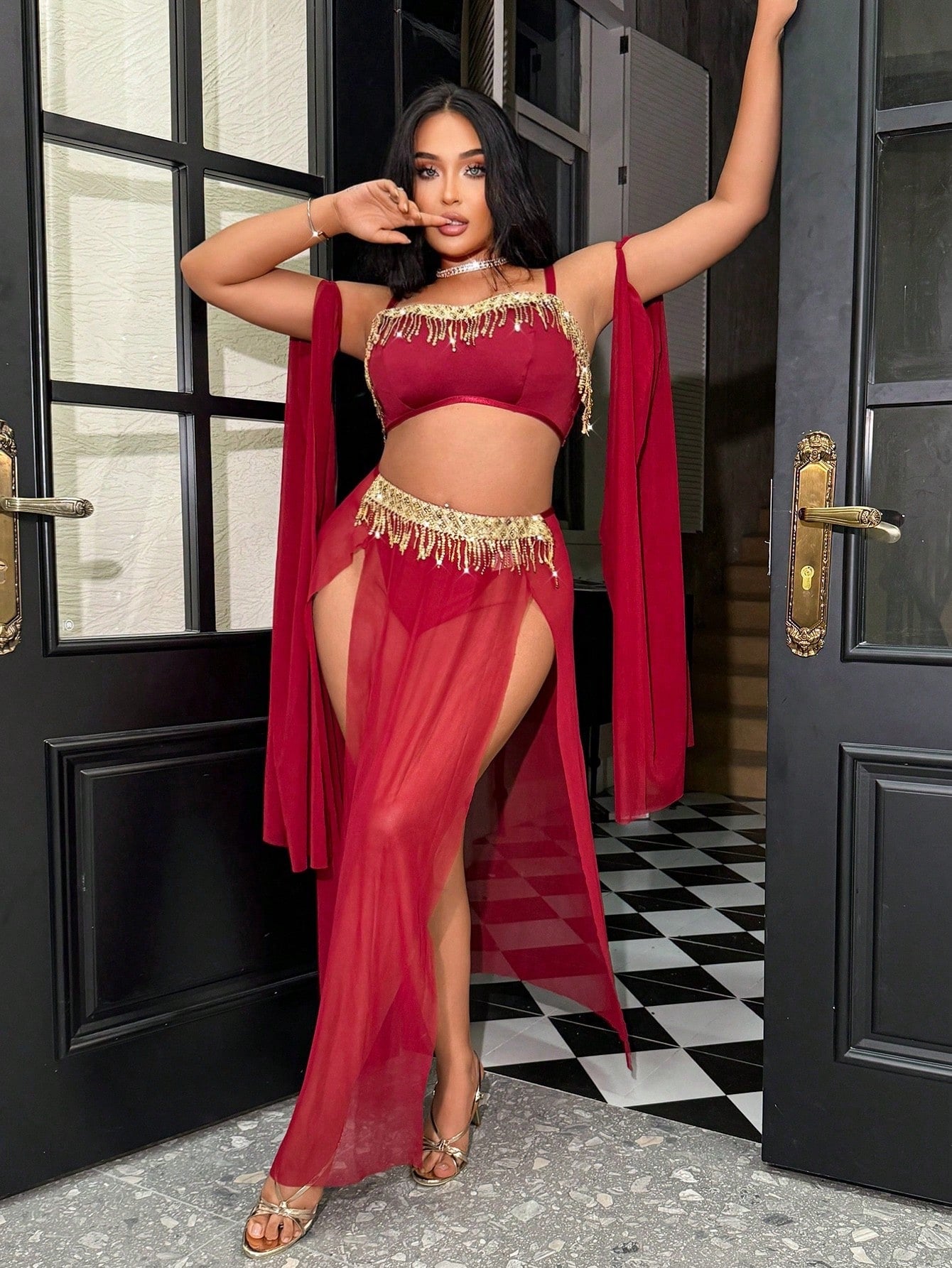 Fantasy Costume Plus Size 5pcs Mesh Tassel Lingerie Set