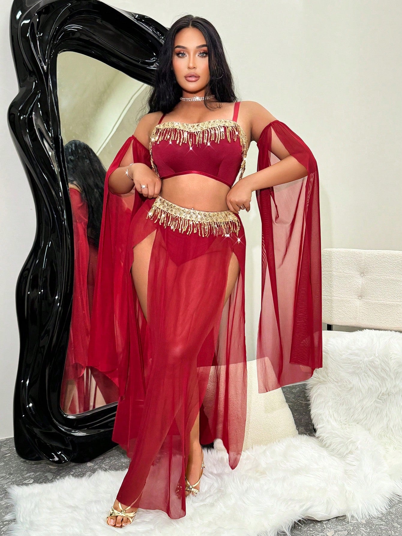 Fantasy Costume Plus Size 5pcs Mesh Tassel Lingerie Set