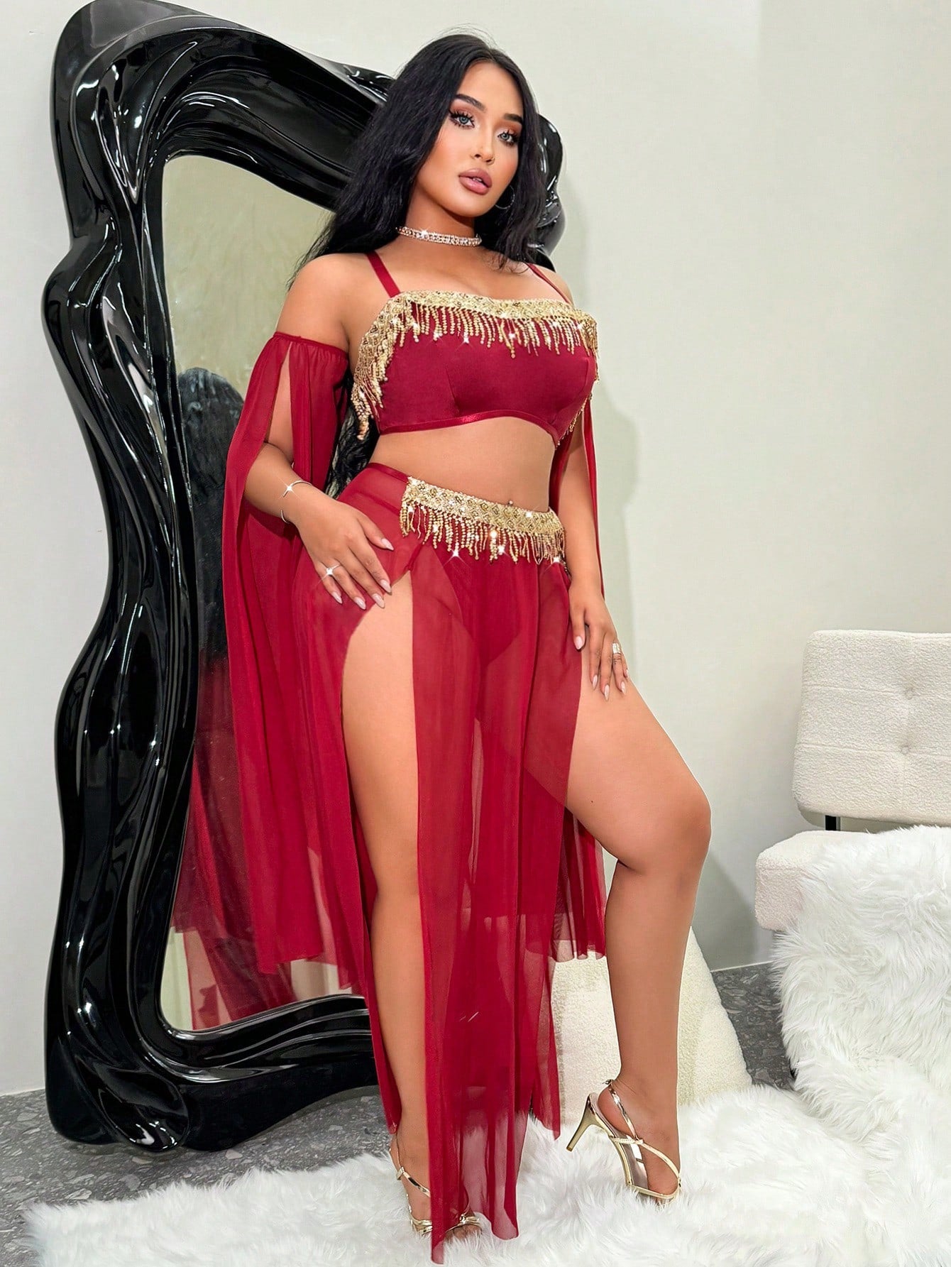 Fantasy Costume Plus Size 5pcs Mesh Tassel Lingerie Set