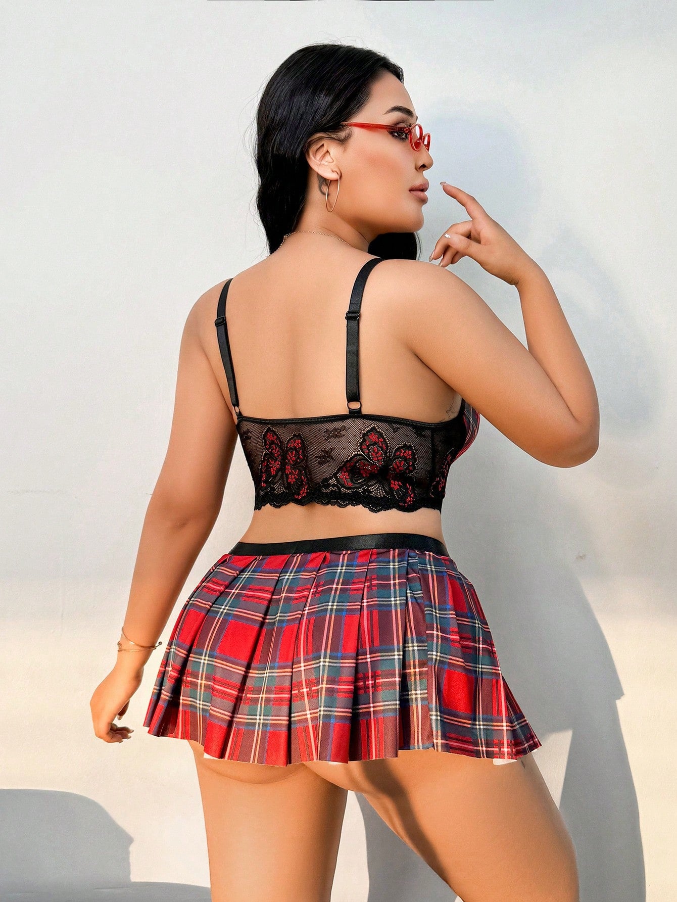 Plus Size Women Plaid And Lace Sexy Lingerie Set