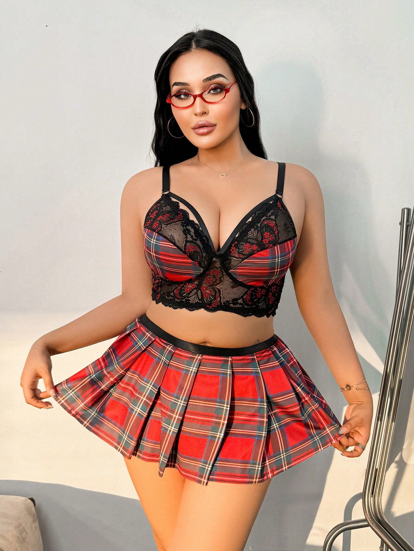 Plus Size Women Plaid And Lace Sexy Lingerie Set